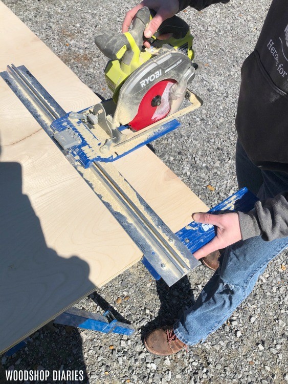 Cutting down plywood sheets to build carcass of entertainment center cabinet