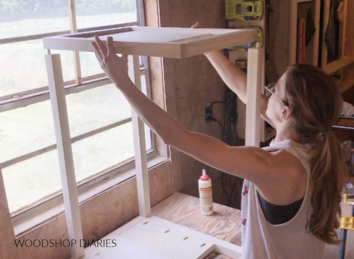 Shara Woodshop Diaries assembling two drawer nightstand frame using wood glue and dowels