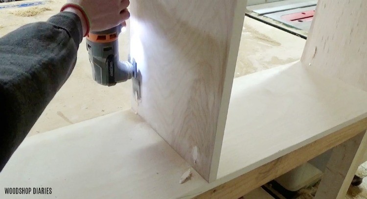 Flush cut pocket hole plugs in plywood bookshelf