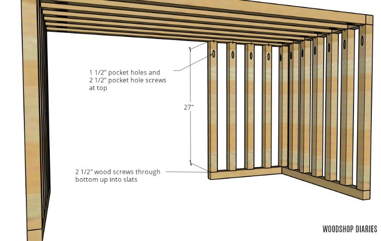 Vertical slats attached between top and bottom front left side brace