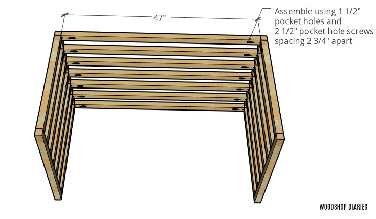 Dog crate with top slats attached between side panels with pocket holes