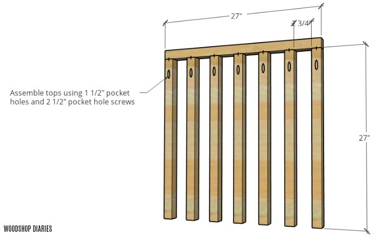 Vertical dog crate side panel slats attached to top brace with pocket holes