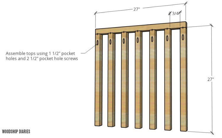 Vertical dog crate side panel slats attached to top brace with pocket holes