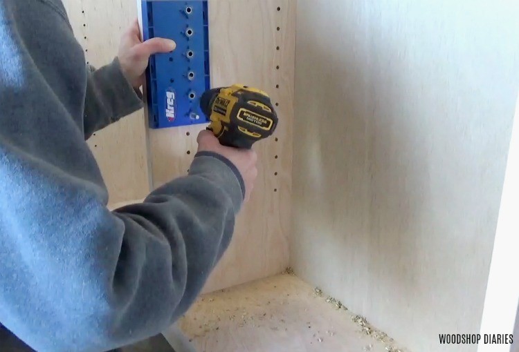 Drilling shelf pin holes into sides of plywood bookshelf