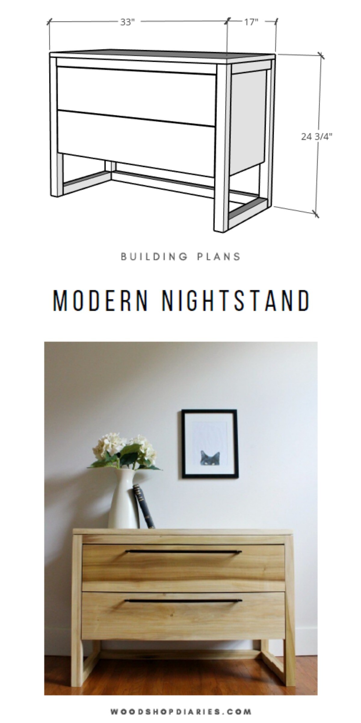 Pinterest collage showing overall dimensional diagram at top and completed DIY modern nightstand on bottom