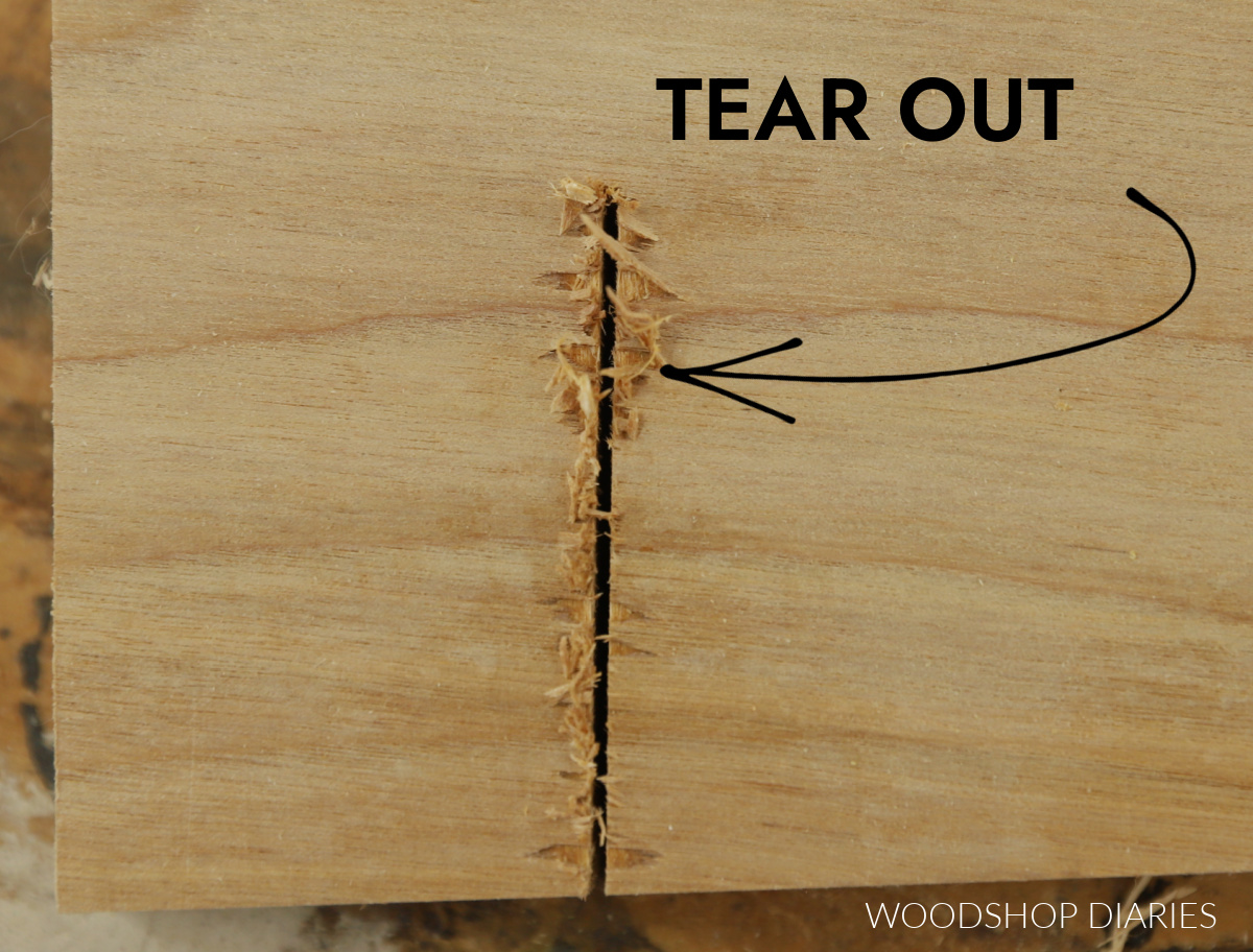 Close up of tear out on a plywood cut