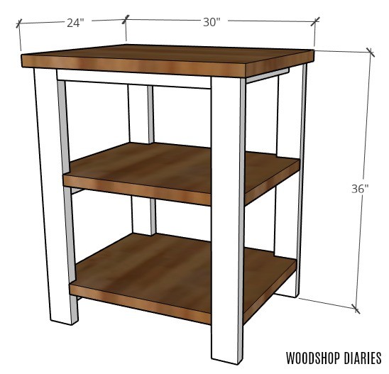 Overall dimensions of coffee bar table graphic: 24" deep, 30" wide, 36" tall