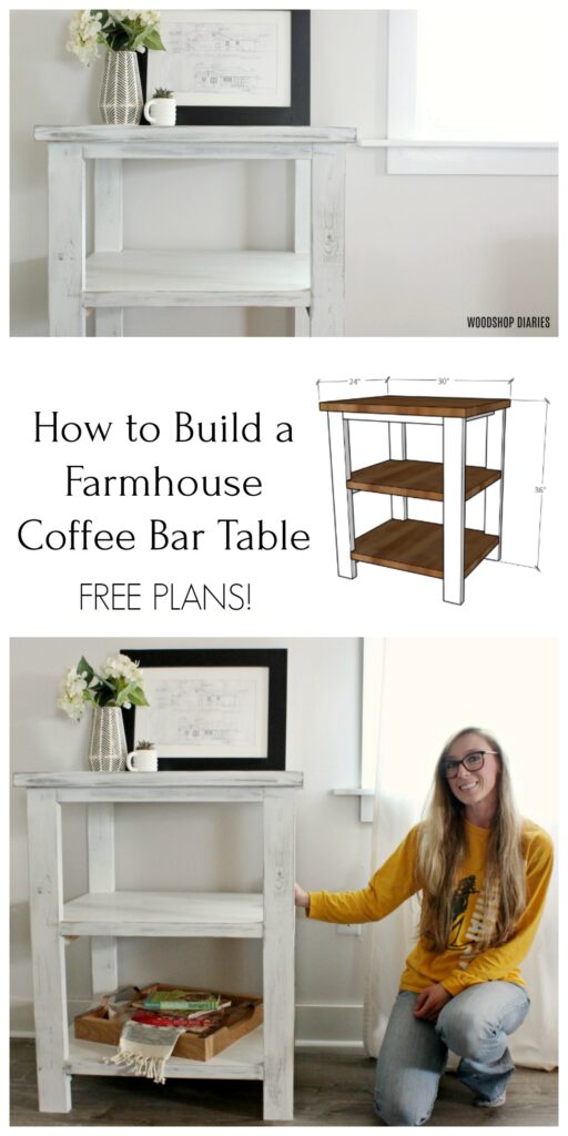 Pinterest collage of DIY coffee bar table with 3D graphic of project plans