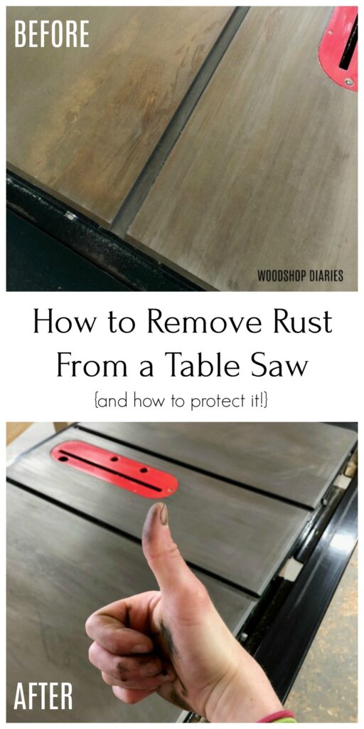 Before and after removing surface rust on table saw collage image