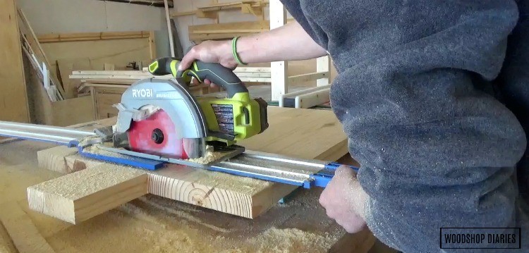 Using circular saw to cut down shelves to correct length