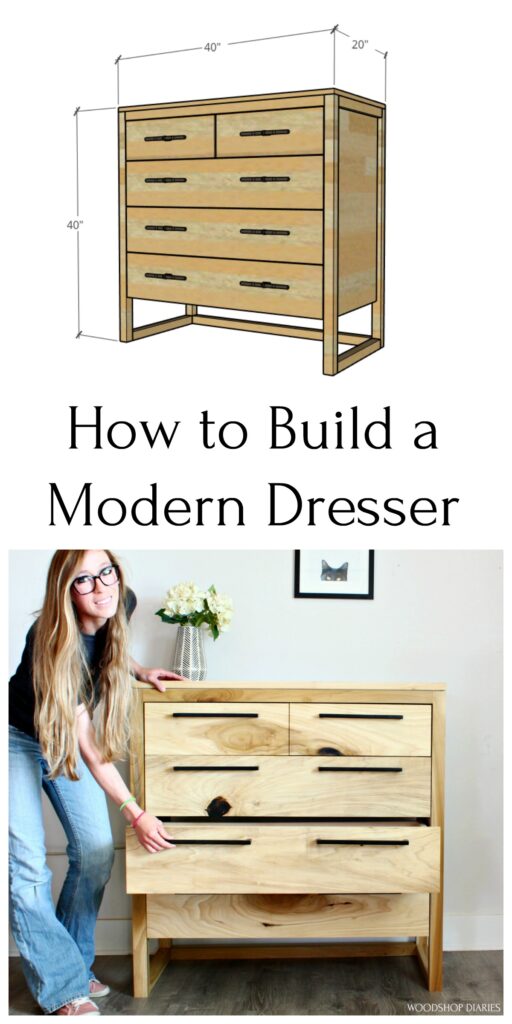 How to Build a Modern Dresser Pinterest collage image with 3d graphic and Shara Woodshop Diaries opening dresser drawer