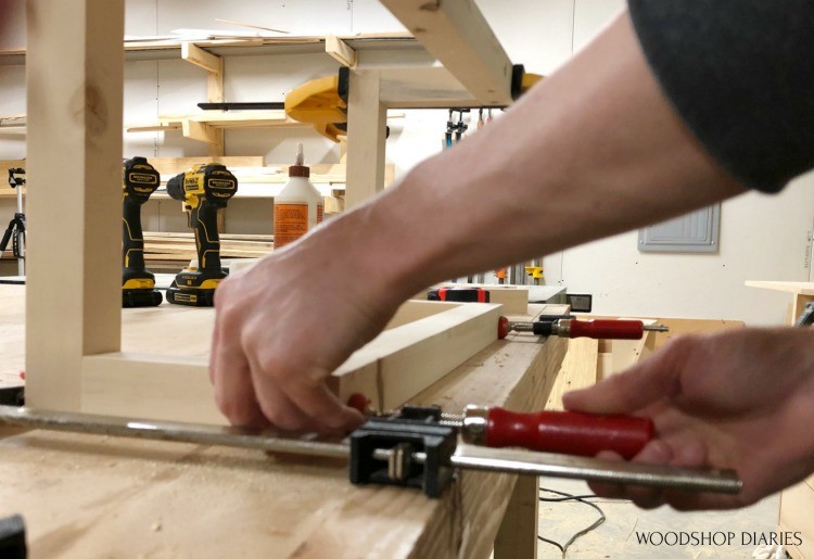 Close up of towel rack assembly--clamping front pieces while glue dries