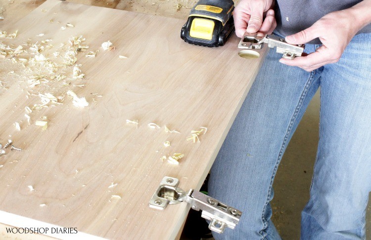 Shara Woodshop Diaries placing concealed hinge in hinge cup hole on cabinet door