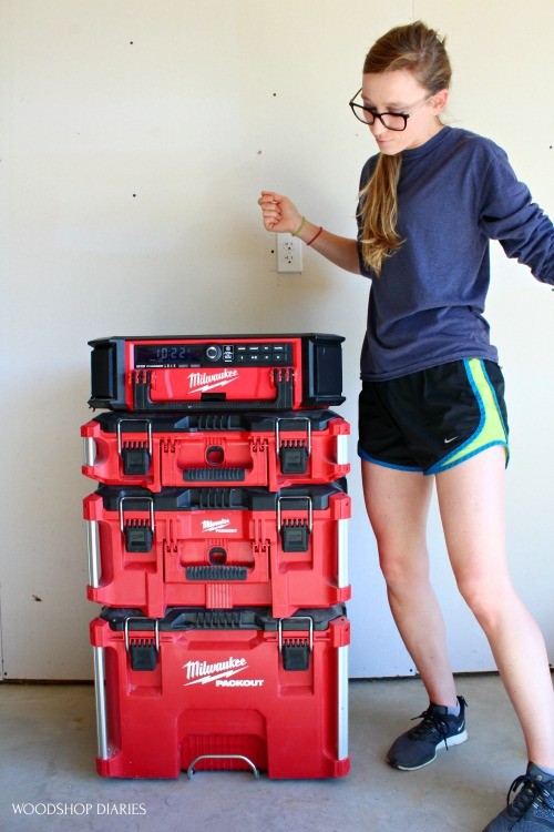 Shara Woodshop Diaries dancing next to stereo set up