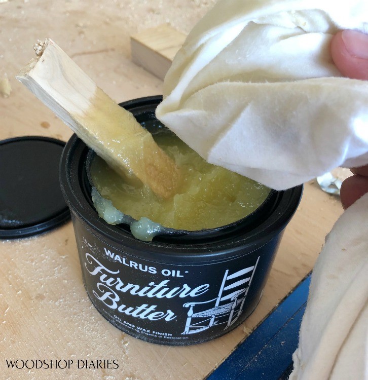 Close up of can of Walrus oil Furniture Butter opened--used to finish raw wood furniture with a clear finish