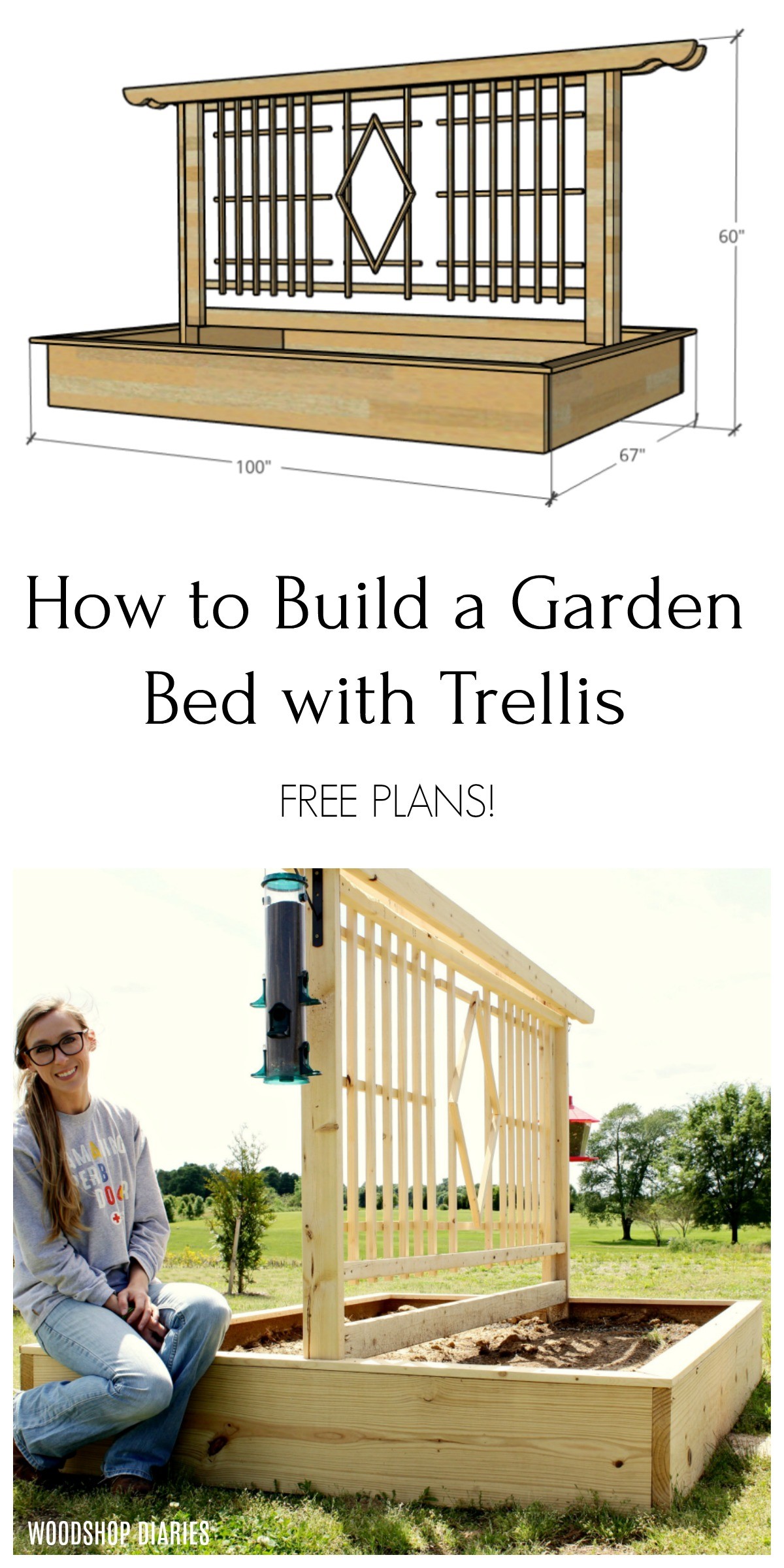 DIY Garden Bed with Trellis Design Pinterest collage--Sketchup drawing and Shara Woodshop Diaries with garden bed