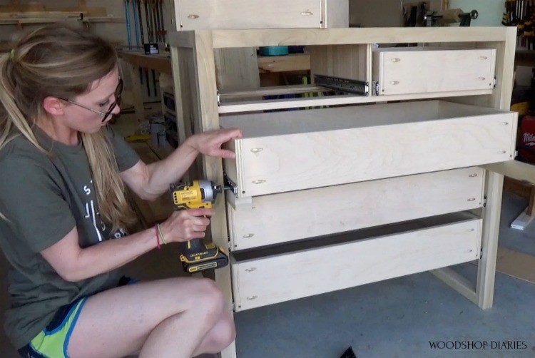 Screwing drawer slides into top drawer box side on 5 drawer dresser