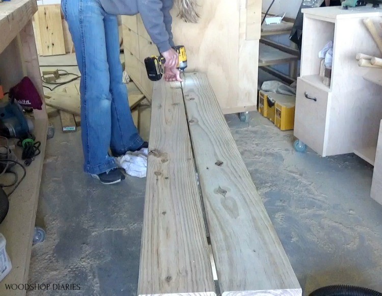 Using 2" wood screws to attach bench top boards to bench frame