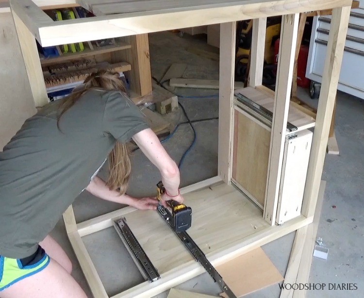 Shara installing ball bearing drawer slides into dresser frame