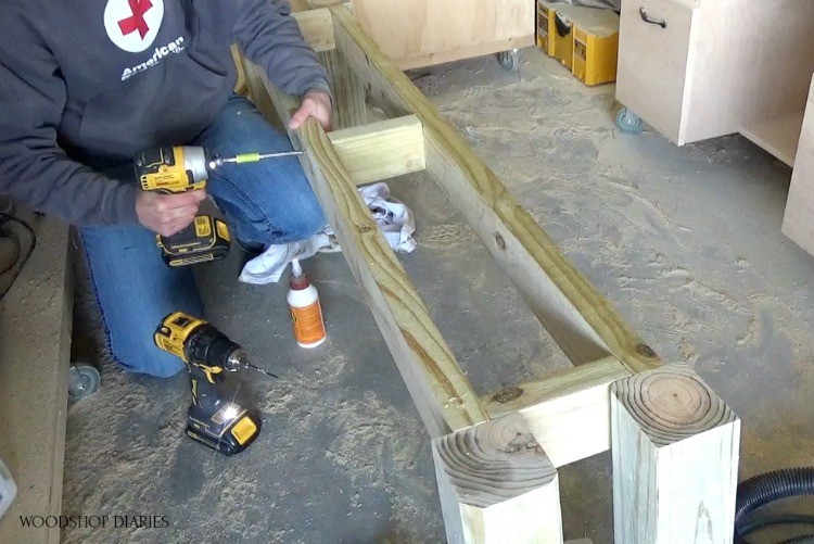Installing center support block into bench frame