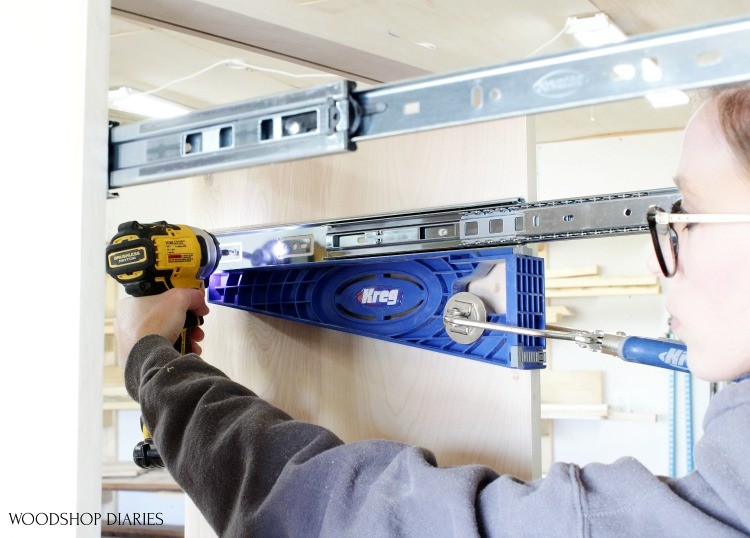 Install drawer slides into cabinet using drawer slide jig--tools for cabinet making