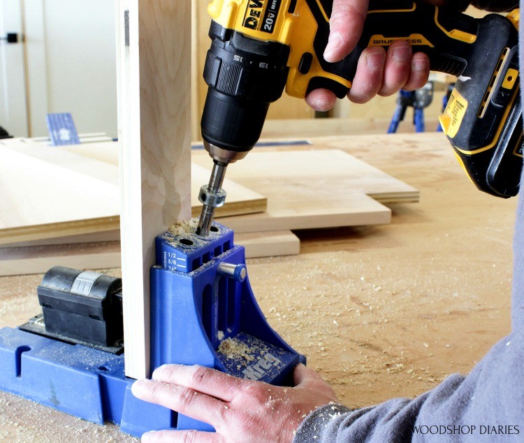 Close up of drill drilling out pocket hole in K5 pocket hole jig