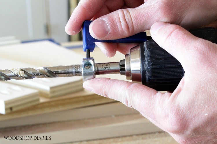 Close up of hex wrench adjusting stop collar on pocket hole drill bit