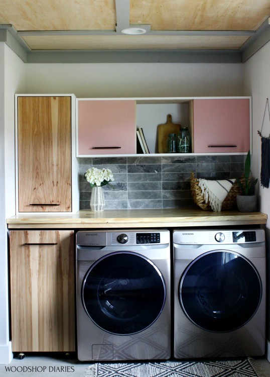 Plywood ceiling details in laundry nook space