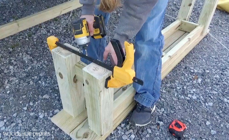 Toenailing leg braces at bottom of bench frame