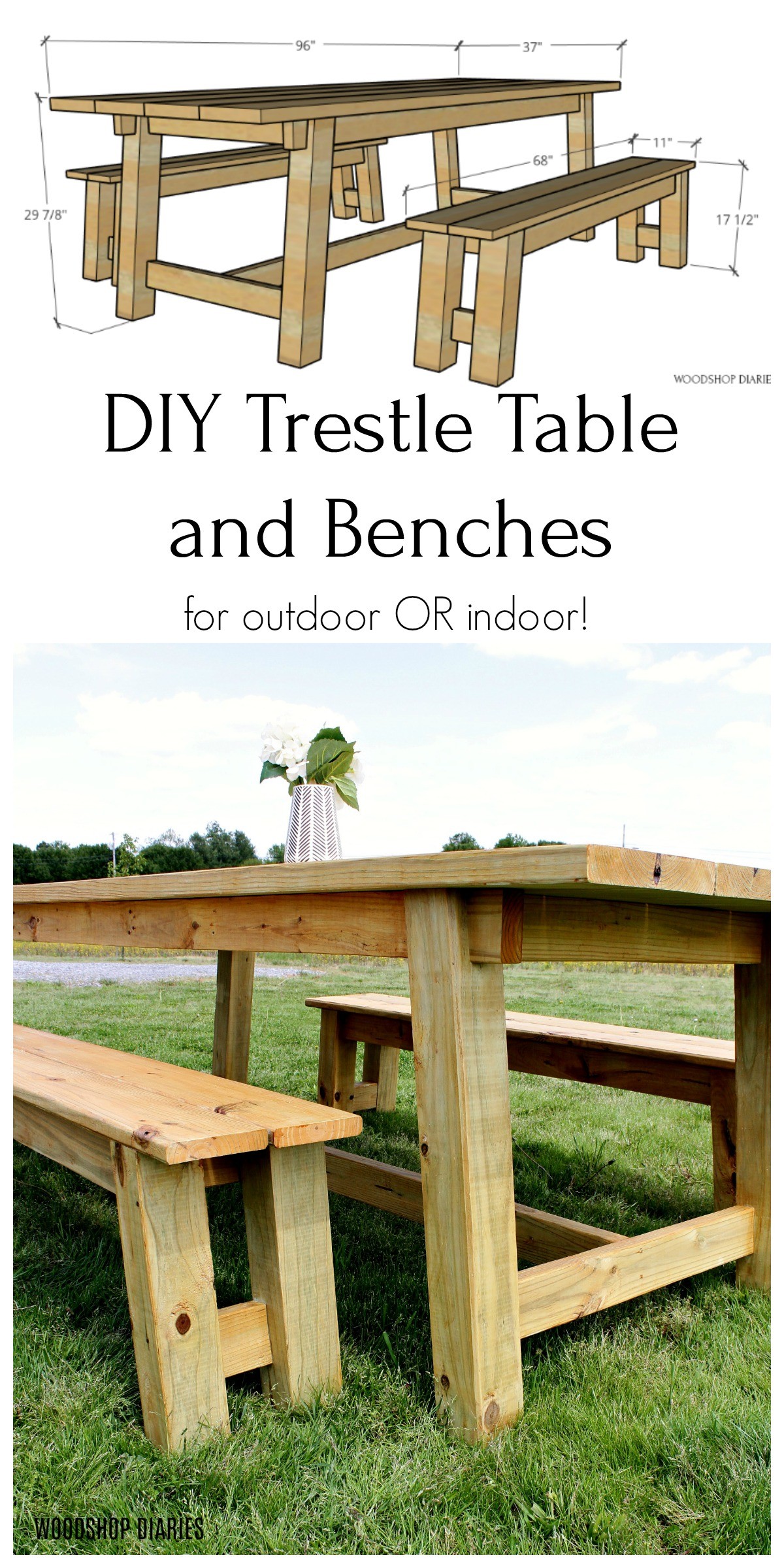 DIY Trestle table and bench 3D diagram and close up pinterest graphic collage