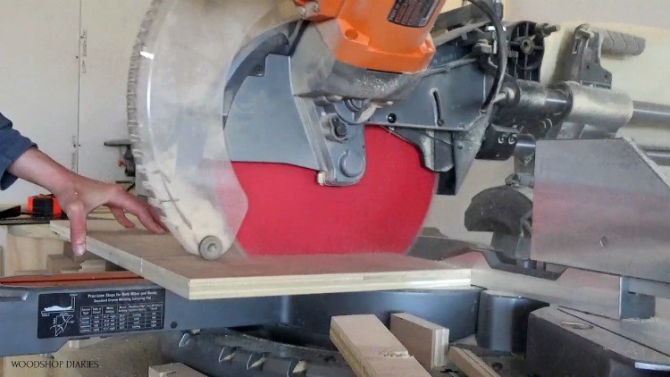 Use miter saw to trim plywood scraps for guitar stand stool build