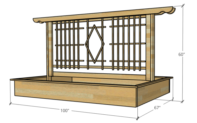 Overall dimensions of garden bed with trellis design 3d graphic