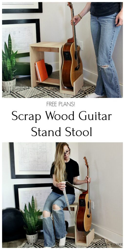 DIY scrap wood guitar stand and stool with shelf for books collage image for pinterest