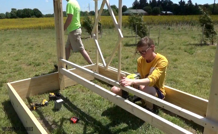 Nailing center diamond design into trellis frame using nail gun