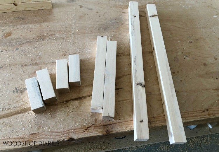 Parts cut to assemble towel rack scrap wood project