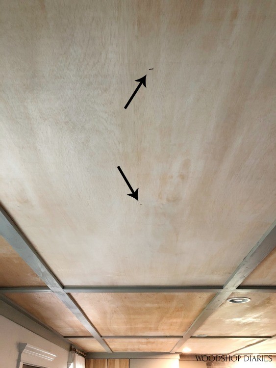 Staples in plywood ceiling