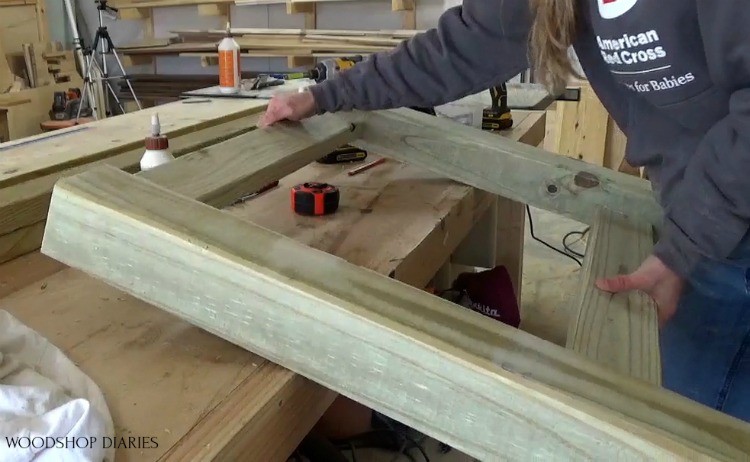 Trestle table short end assembled on workbench