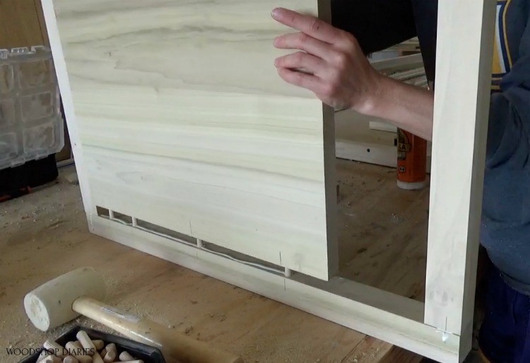 Assemble side panel using dowels and wood glue