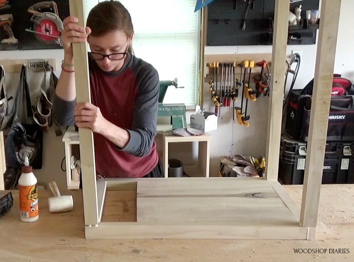 Glue dresser frame pieces using dowels and wood glue