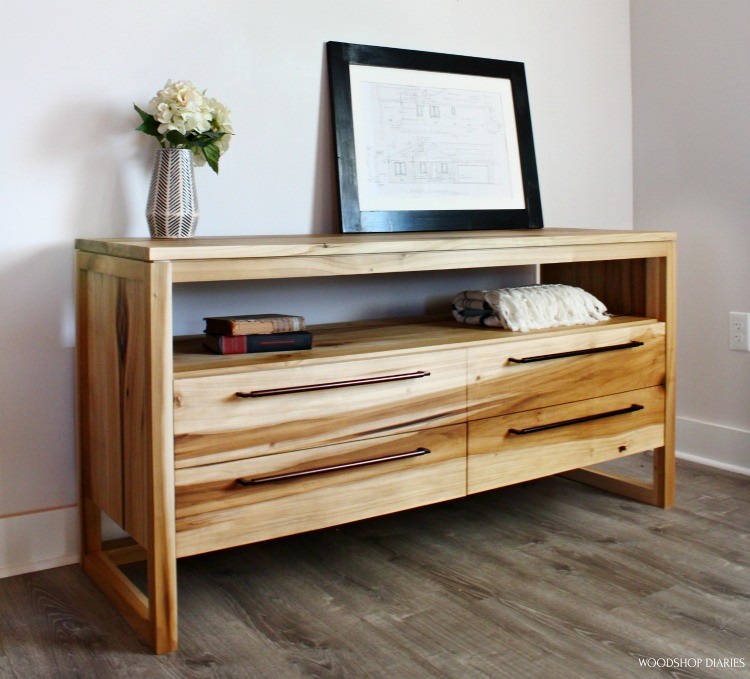 Angled view of DIY modern 4 drawer dresser  made from poplar