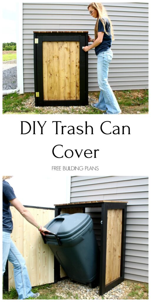 Pinterest collage image of trash cab cover frame with Shara opening and closing door