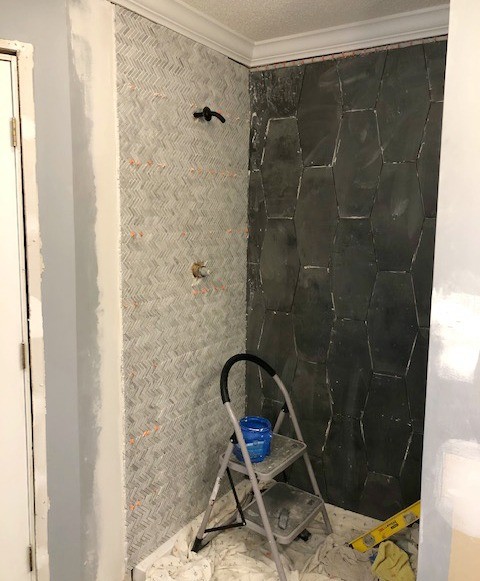 Shower tile installed, but not trimmed out yet