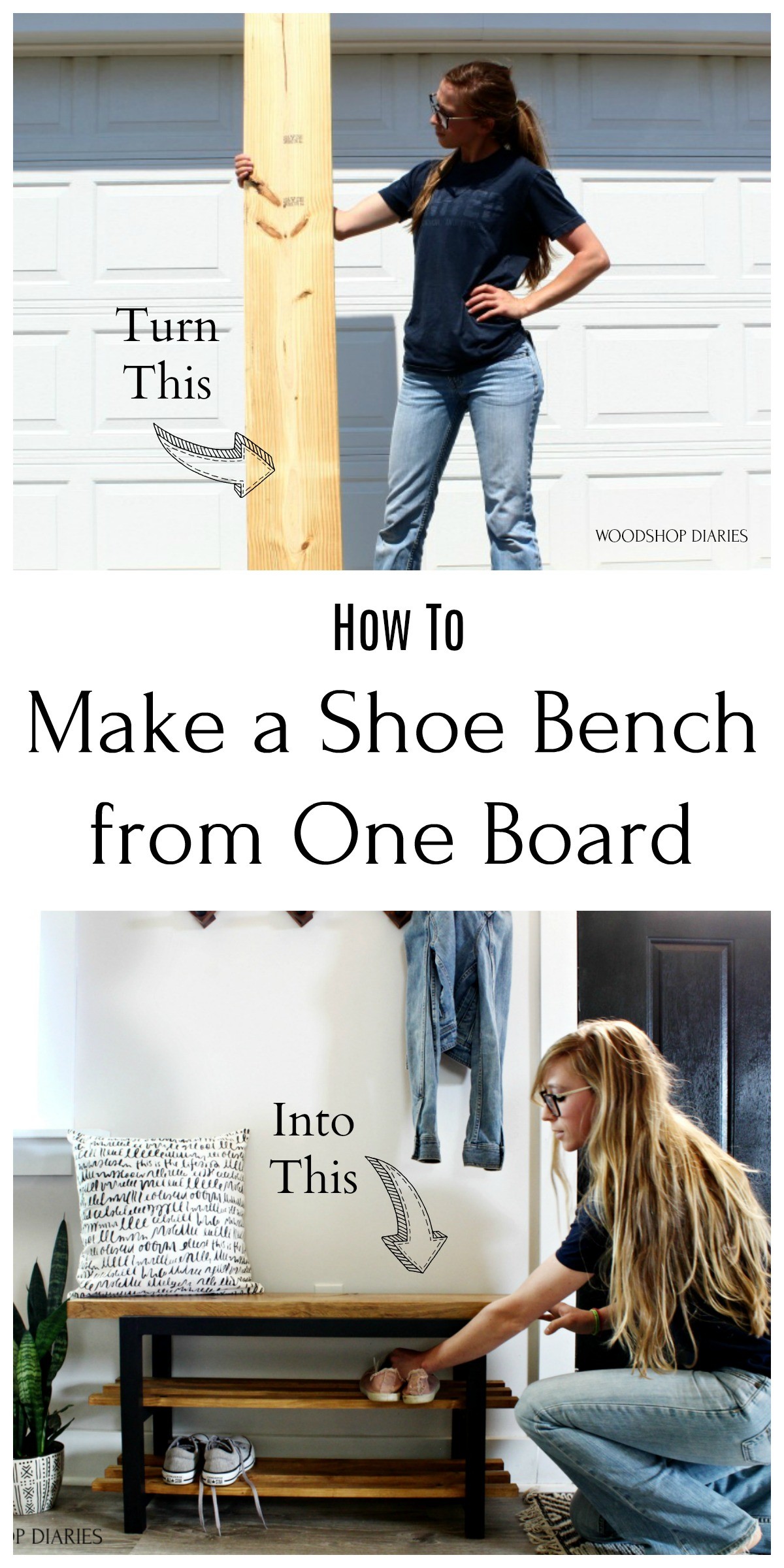 Pinterest Collage image with Shara holding 2x10 board and placing shoes on bench