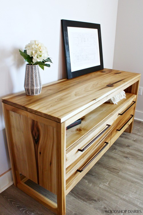 Close up view of DIY modern dresser with 4 drawers made from poplar