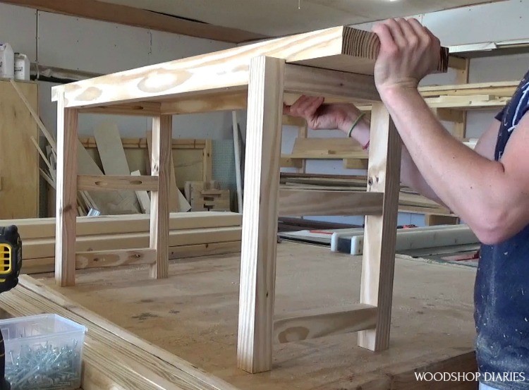 Dry fitting the top board into the shoe bench frame