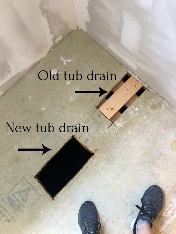 Old tub drain vs new tub drain locations in bathroom floor