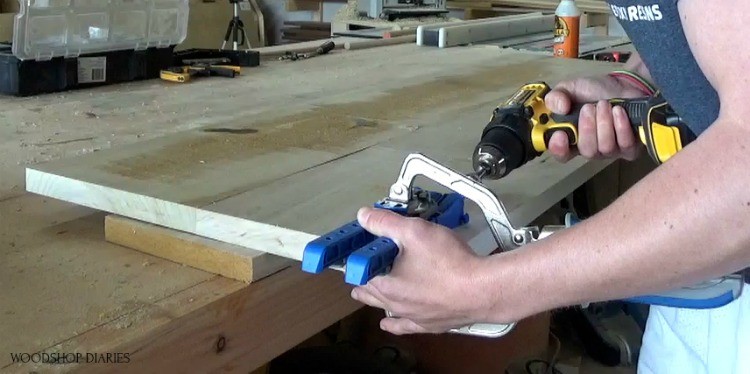 Drilling pocket holes into ends of open dresser shelf