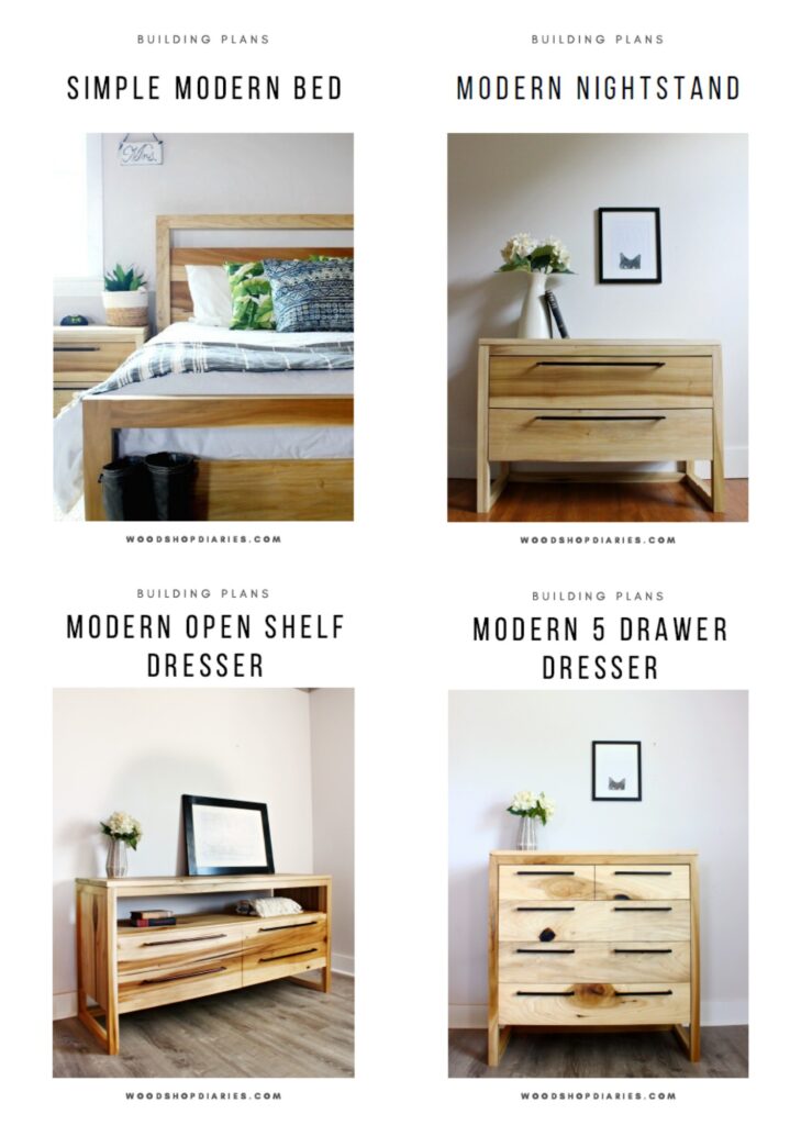 Image Collage of all four bedroom set pieces--bed, nightstand, two DIY modern dressers