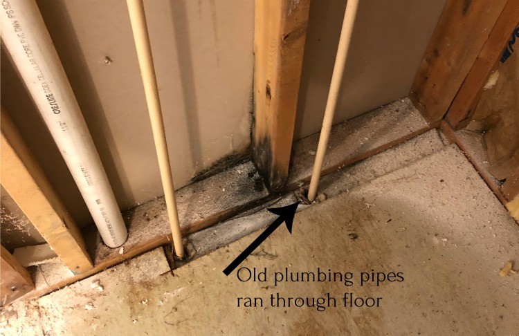 Plumbing lines running up through subfloor