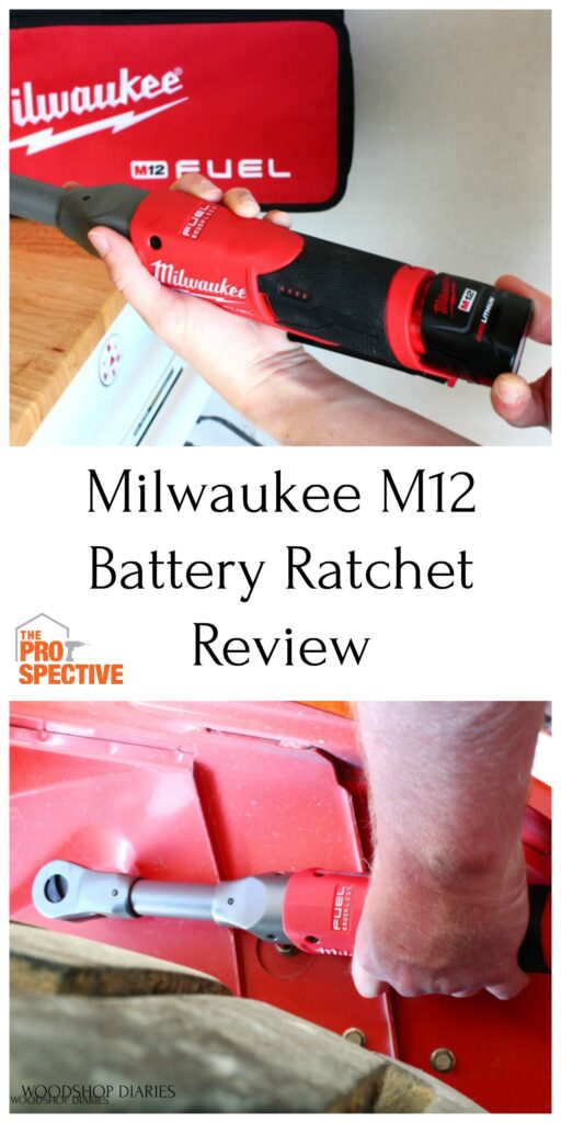 Pintereste collage image of milwaukee ratchet inserting battery and using to tighten bolt on tractor